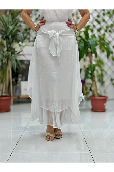 Punta Otantik Ls79796 Italian Silk Skirt with Tie Front White