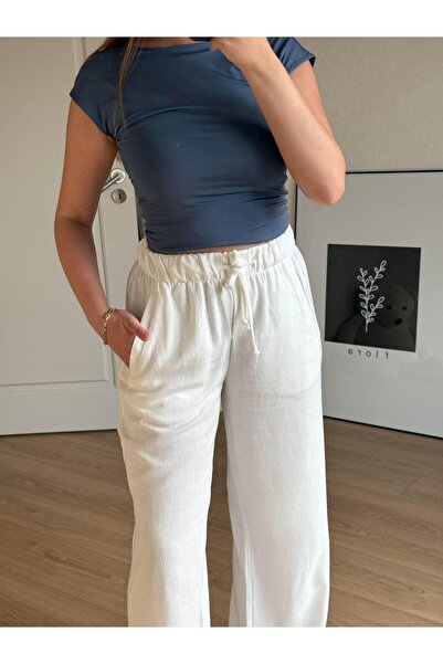 BAŞARAN Linen Elastic Palazzo White Pants