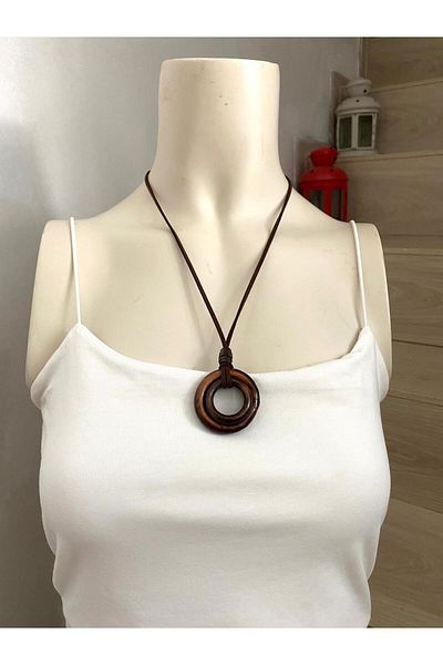 canan dizayn Bohemian Wooden Double Ring Suede Drawstring Ayd Necklace Dark Brown