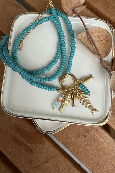 My Joyas Design Steel Blue Beaded Fishbone and Fish Charms Necklace 61cm