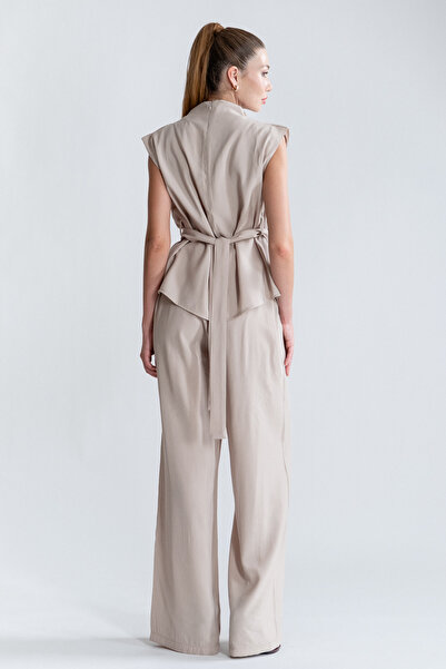 SEPANU COLLECTION Women's Degaje Collar Beige Blouse Trousers Set