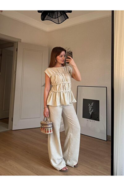 BAŞARAN Beige Linen Fabric Set