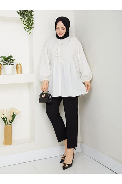 Nergis Neva Butik Poplin fabric bow balloon sleeve hijab tunic