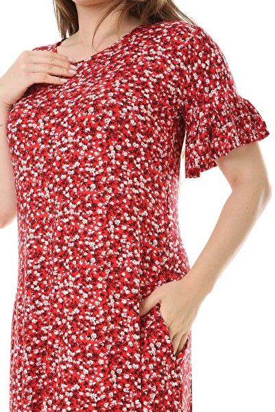 Hazinedan Plus Size Authentic Ruffle Pockets Short Sleeve Red Crinkle Pattern Dress