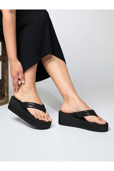 HANOX Aura High Platform Heel Black Women's Flip Flops Beach Slippers (6.0) cm