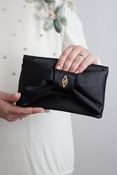 mossi Aron Atelier Black Satin Faux Leather Bow Detailed Chain Strap Evening Dress Clutch Bag