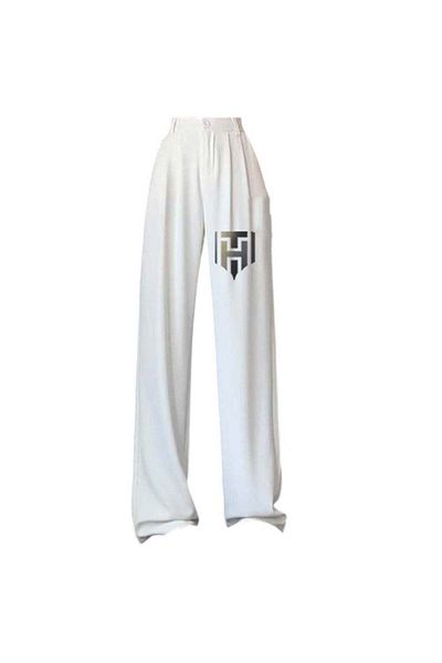 huitich Women's Wide-Leg Ice Silk Pants with High Waist, Loose Fit, White, Size L