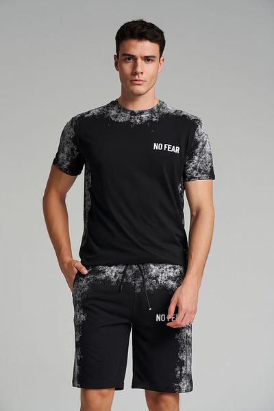 FRANCO RENZO Black Panel Printed Basic Men's Shorts Set