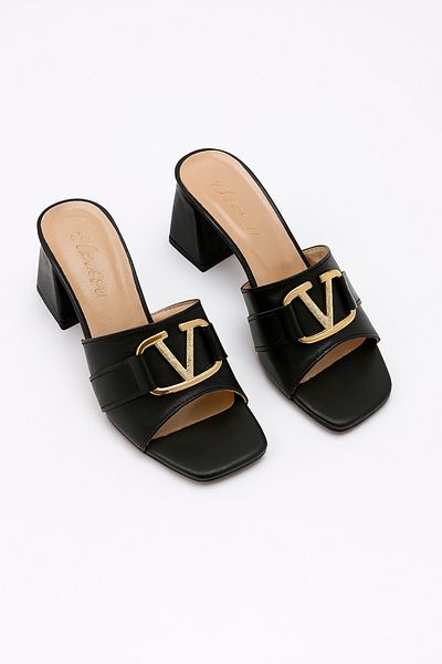 Elvessa Women's Black Skin 5 cm Thick Heeled Slippers, Gold Buckle Stylish Daily Summer Shoes