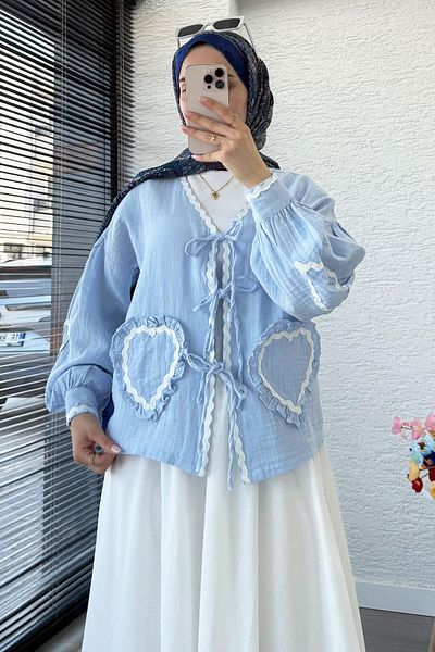 MELEK ARAZ Heart Form Stitched Muslin Tie Kimono -Blue