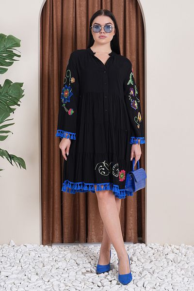 EL jadida Women's Embroidered Tassel Plus Size Viscose Short Dress Black