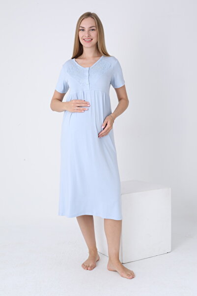 Miss Dünya Lissa Front Button V Neck Lace Detail Short Sleeve Maternity and Maternity Nightgown
