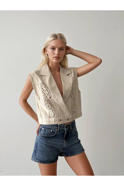 Melike Bakar Boutique Women's Lace Detail Linen Vest
