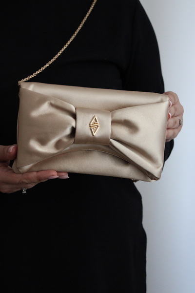 mossi Aron Atelier Ten Satin Faux Leather Bow Detailed Chain Strap Evening Dress Clutch Bag