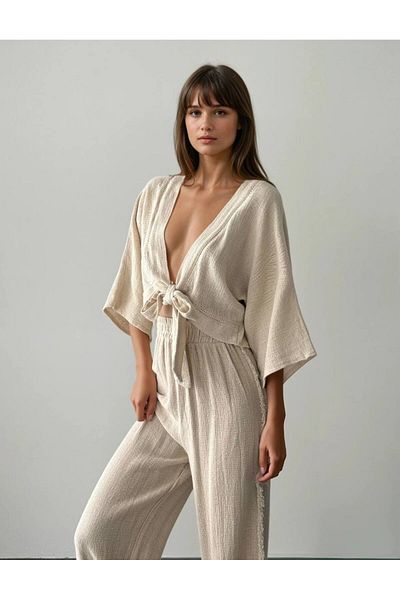 Melike Bakar Boutique Stitched Trousers - Tie-Up Linen Blouse Natural Suit
