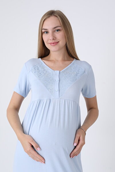 Miss Dünya Lissa Front Button V Neck Lace Detail Short Sleeve Maternity and Maternity Nightgown