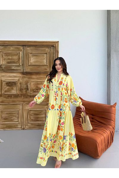 PREMİER VİE Tested Dress Yellow Color Mira Pattern Viscosse Dress