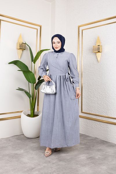 Viskosa Judge Collar Button Accessory Belted Waist Hugging Floor Detailed Comfortable Fit Hijab Dress