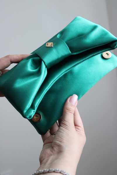 mossi Aron Atelier Satin Faux Leather Bow Detailed Chain Strap Evening Dress Clutch Bag