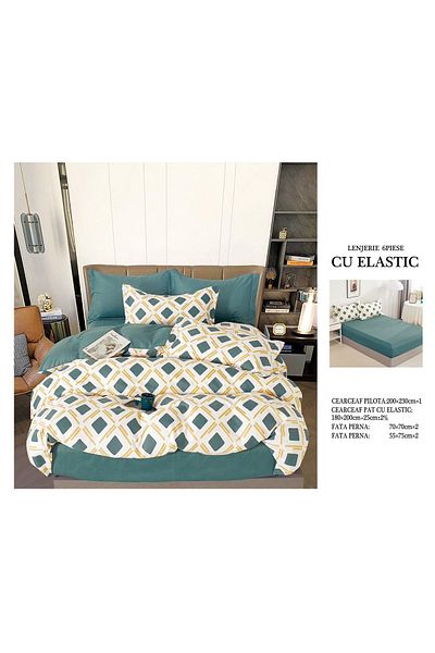CHIRASO FINE Cotton Bedding Set, ELASTIC Sheet 180x200+25cm, Duvet Cover 200x230cm 4 Pillowcases