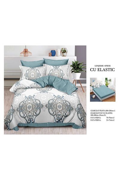 CHIRASO FINE Cotton Bedding Set, ELASTIC Sheet 180x200+25cm, Duvet Cover 200x230cm 4 Pillowcases