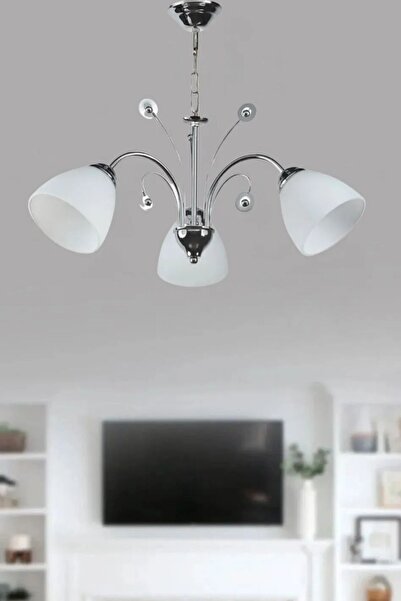 ABAJUR EVİM Modern Gri Boyalı Üçlü Avize Beyaz Camlı