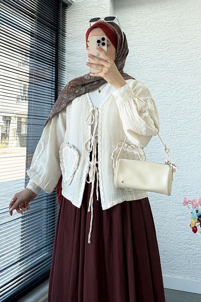 MELEK ARAZ Heart Form Stitched Muslin Tie Kimono -Beige