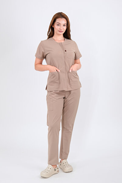 Schlange زي موحد للممرضات والأطباء بأكمام طويلة من الليكرا على شكل حرف U وزي مستشفى