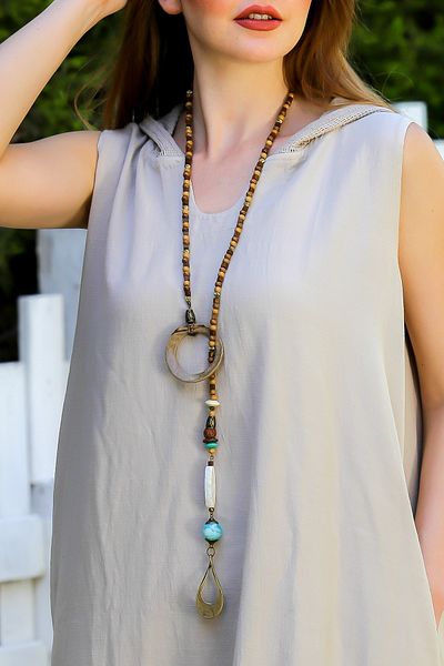 Chiccy Long Design Necklace with Wooden Beads and Metal Objects