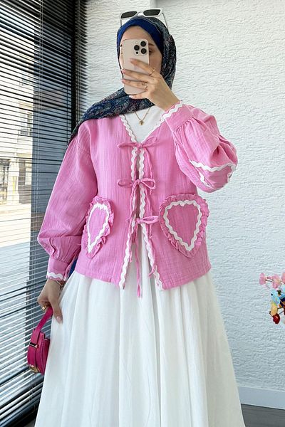 MELEK ARAZ Heart Form Stitched Muslin Tie Kimono -Pink