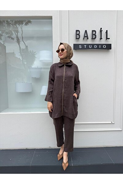 Invee 7135 Women's Suit with Sleeve Detail Brown