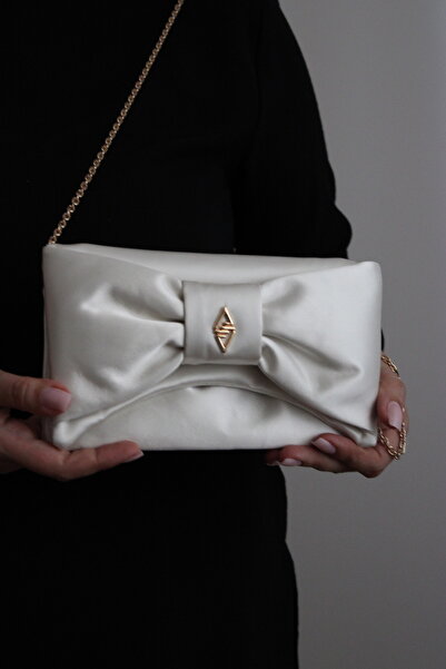 mossi Aron Atelier Satin Faux Leather Bow Detailed Chain Strap Evening Dress Clutch Bag