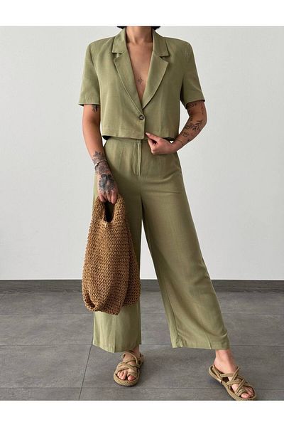 Melike Bakar Boutique Women's Short Sleeve Jacket Pants Two Piece Set