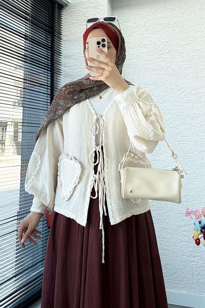 MELEK ARAZ Heart Form Stitched Muslin Tie Kimono -Beige