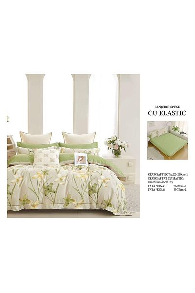 CHIRASO FINE Cotton Bedding Set, ELASTIC Sheet 180x200+25cm, Duvet Cover 200x230cm 4 Pillowcases