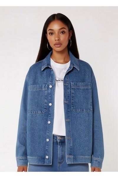 Şans Women's Plus Size Blue, Double Pocket Denim Shirt Coat 65N39012