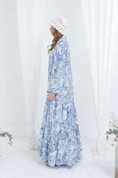 Puane Çiçek Desenli Astarlı Elbise İndigo 12636