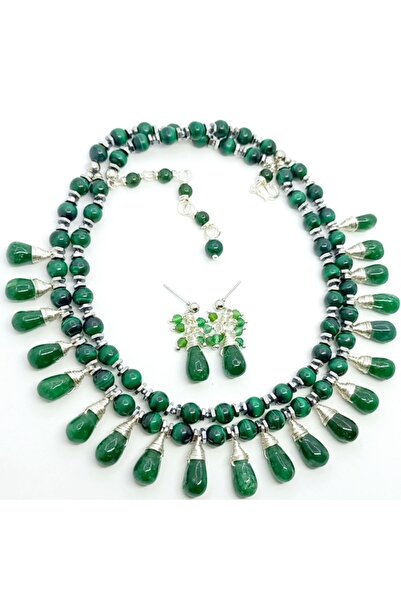 Sibelce 2358 Zümrüt Malahit Hematit el yapımı iki sıralı kolye