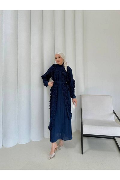 nizzell Women's New Season Ruffle Detailed Lined Navy Blue Dress