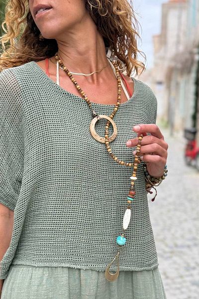 Güneşkızı Long Design Necklace with Wooden Beads and Metal Objects