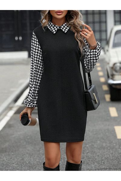 UniqueStore.ro Monique Dress, With Puff Sleeves And Printed Collar