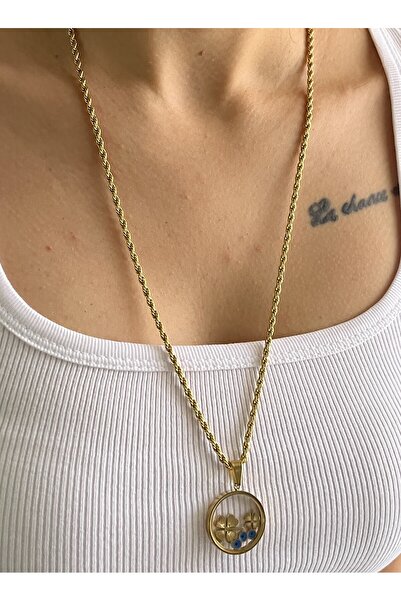 Çelik Lucky Store Uzun Kalın Zincirli Uç İçerisinde Yonca Gold Kolye