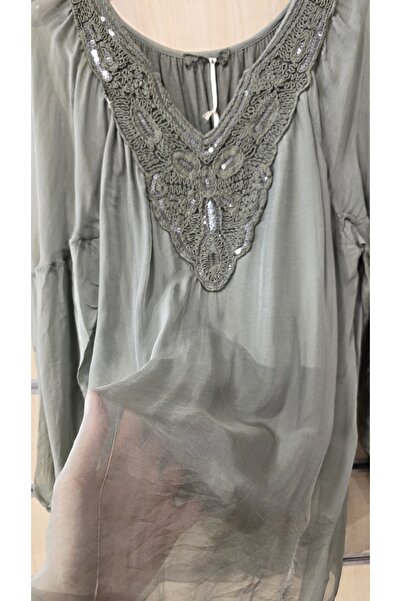 Park Moda Ιταλική μεταξωτή μπλούζα με δαντέλα με λεπτομέρεια παγιέτα