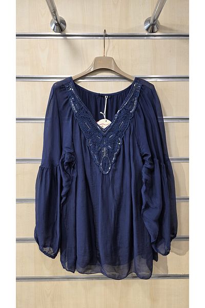 Park Moda Italian Silk Blouse Collar with Lace Sequin Detail