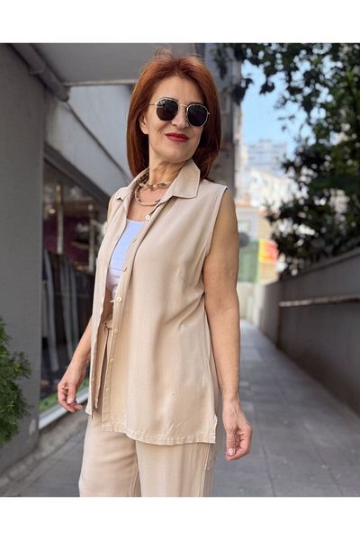 DenizEge Viscose Sleeveless Shirt Beige