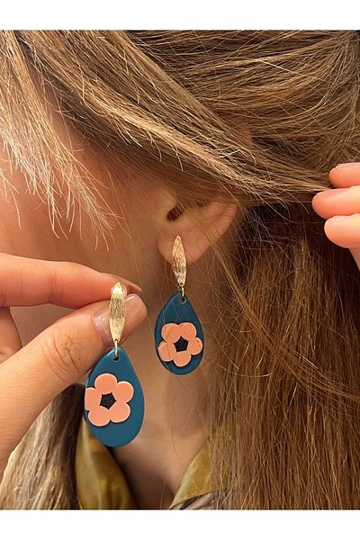 Accessories Hei Blue Drop Shaped Pink Flower Patterned Dangle Daily Use Women's Earrings