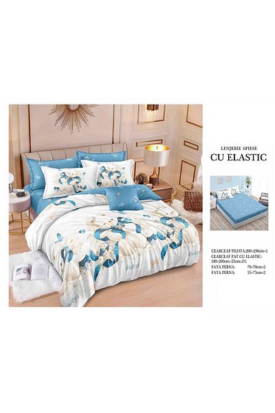 CHIRASO FINE Cotton Bedding Set, ELASTIC Sheet 180x200+25cm, Duvet Cover 200x230cm 4 Pillowcases