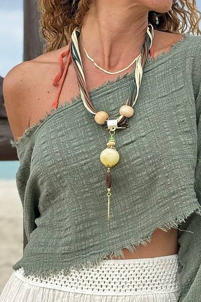 Güneşkızı Suede Drawstring Big Beaded Design Necklace