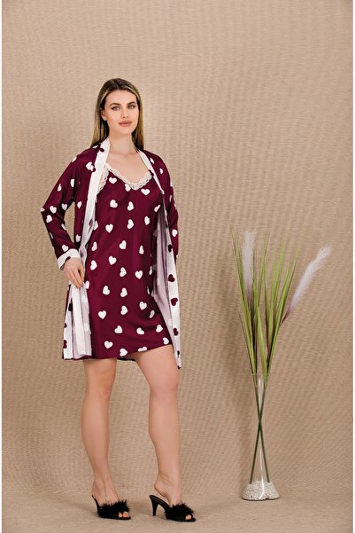 Viselya Set cămașă de noapte și halat din satin roșu Claret Heart cu model