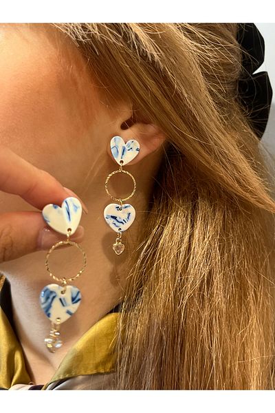 Accessories Hey Blue White Heart Shaped Tile Patterned Ethnic Dangle Daily Use Women's Earrings